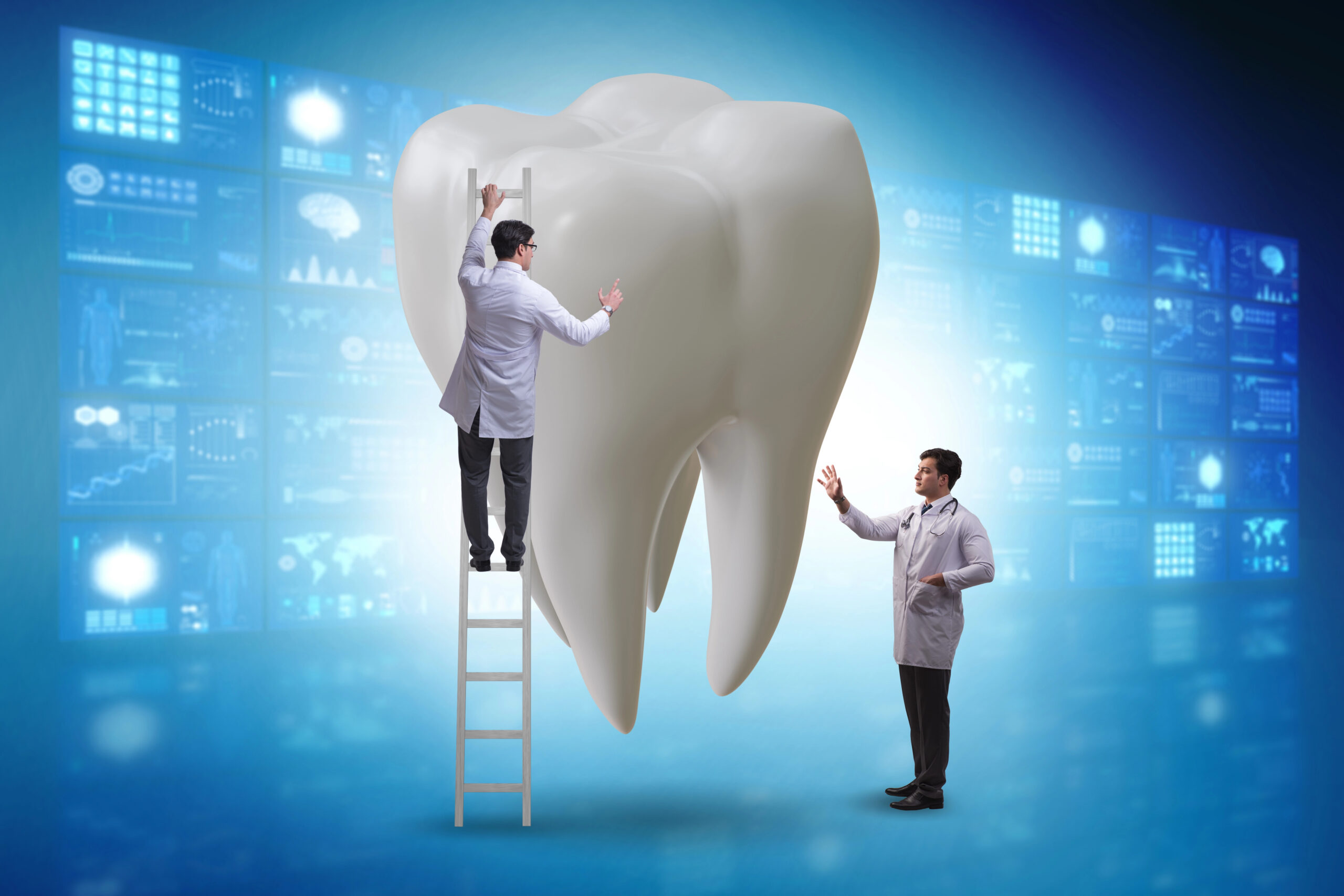 A concept image of a las vegas dentist and his dentist buddy inspecting a giant tooth